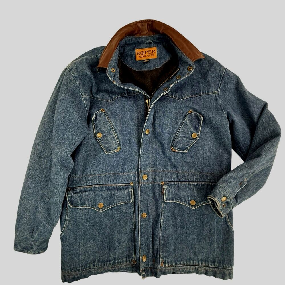 Roper Range Gear Men Medium Denim Jean Leather Collar Chore Coat Ranch Workwear